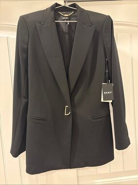 NWT DKNY Black Single-Button Notch-Lapel Blazer Jacket Lined Gold Accent 12